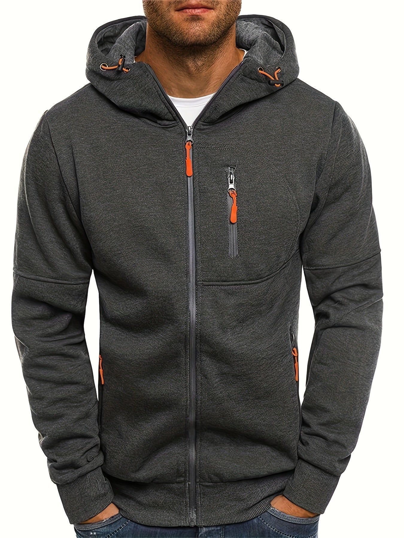 Men's Solid Hooded Long Sleeve Zip Up Sweatshirt Jacket With Multiple Zippered Pockets, Versatile And Chic Hoodie Jacket For Casual, Outdoors And Fitness Wear