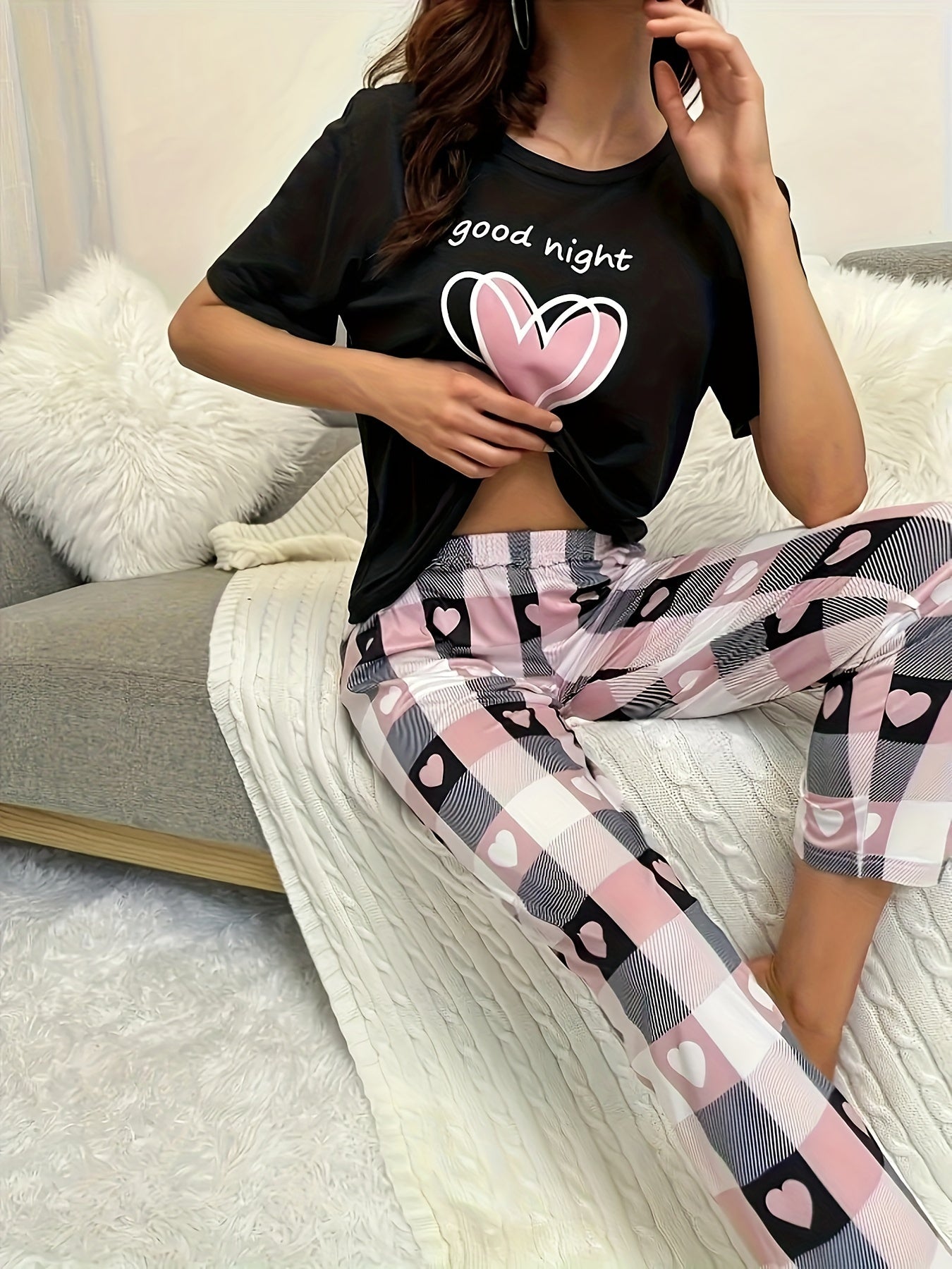 Romantic Heart Print Womens Two-piece Set - Lightweight Short Sleeve T-shirt & Flattering Wide Leg Pants Outfit - Fashionable Casual Wear for Everyday Style