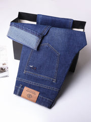 Men's Solid Denim Pants With Pockets, Formal Cotton Blend Jeans For Summer Outdoor Activities