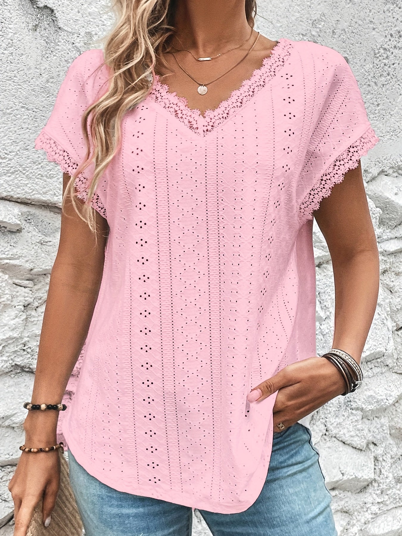 Lace Trim Eyelet Blouse, V Neck Loose Casual Top For Spring & Summer, Women's Clothing