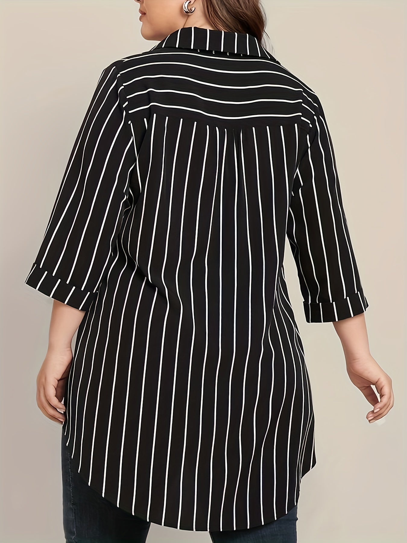 Chic Plus Size V-Neck Tunic Top - Casual Stripe, Easy Care Knit Fabric, Asymmetrical High-Low Hem, Perfect for Spring/Fall