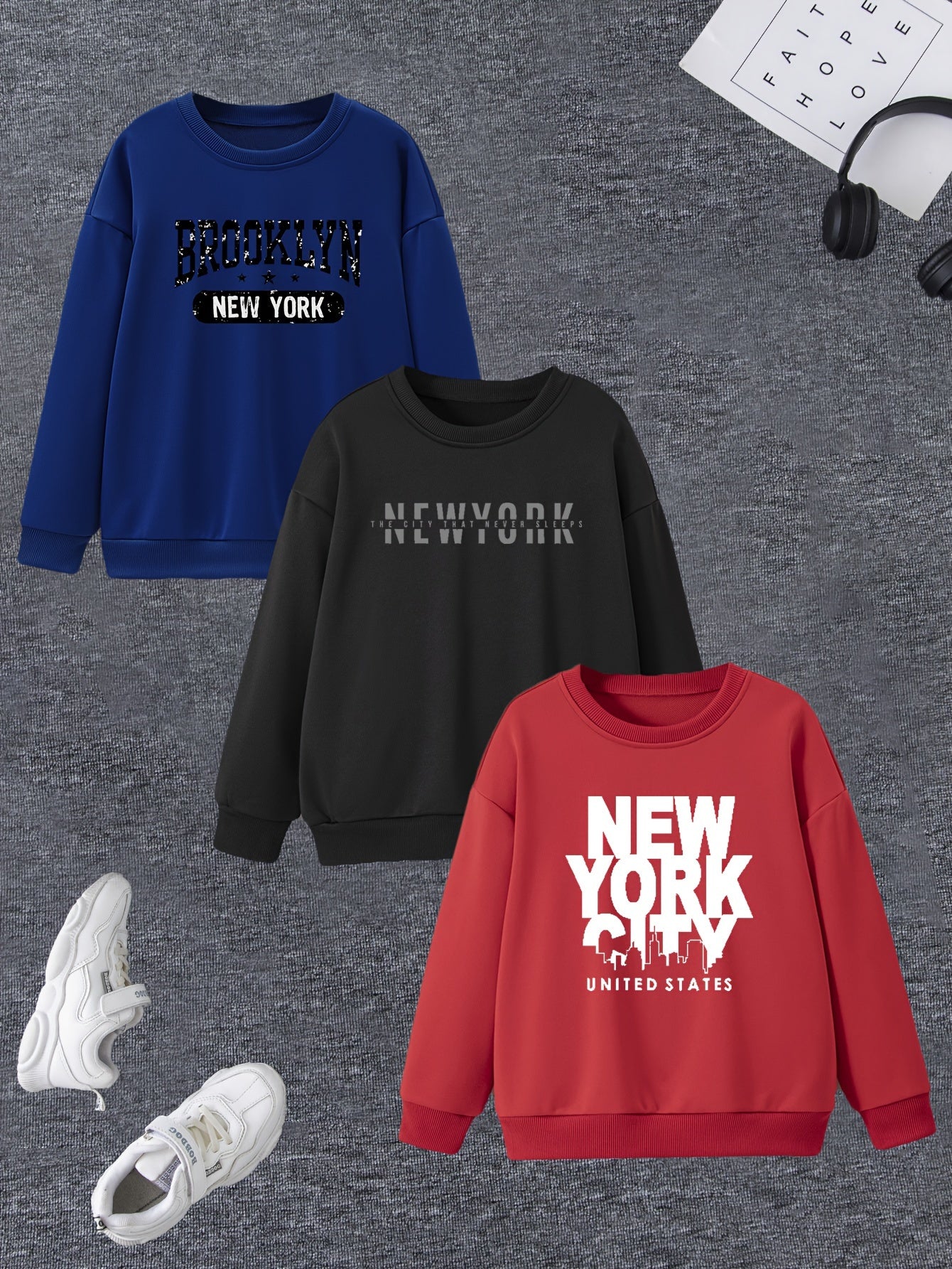 Casual New York & Brooklyn Print Sweatshirts for Boys, Pack of 3 - Crew Neck Long Sleeve Tops in French Terry, Polyester 80%, Cotton 20%, Loose Fit Knit Fabric for Fall/Winter - Geometric Pattern, Slight Stretch