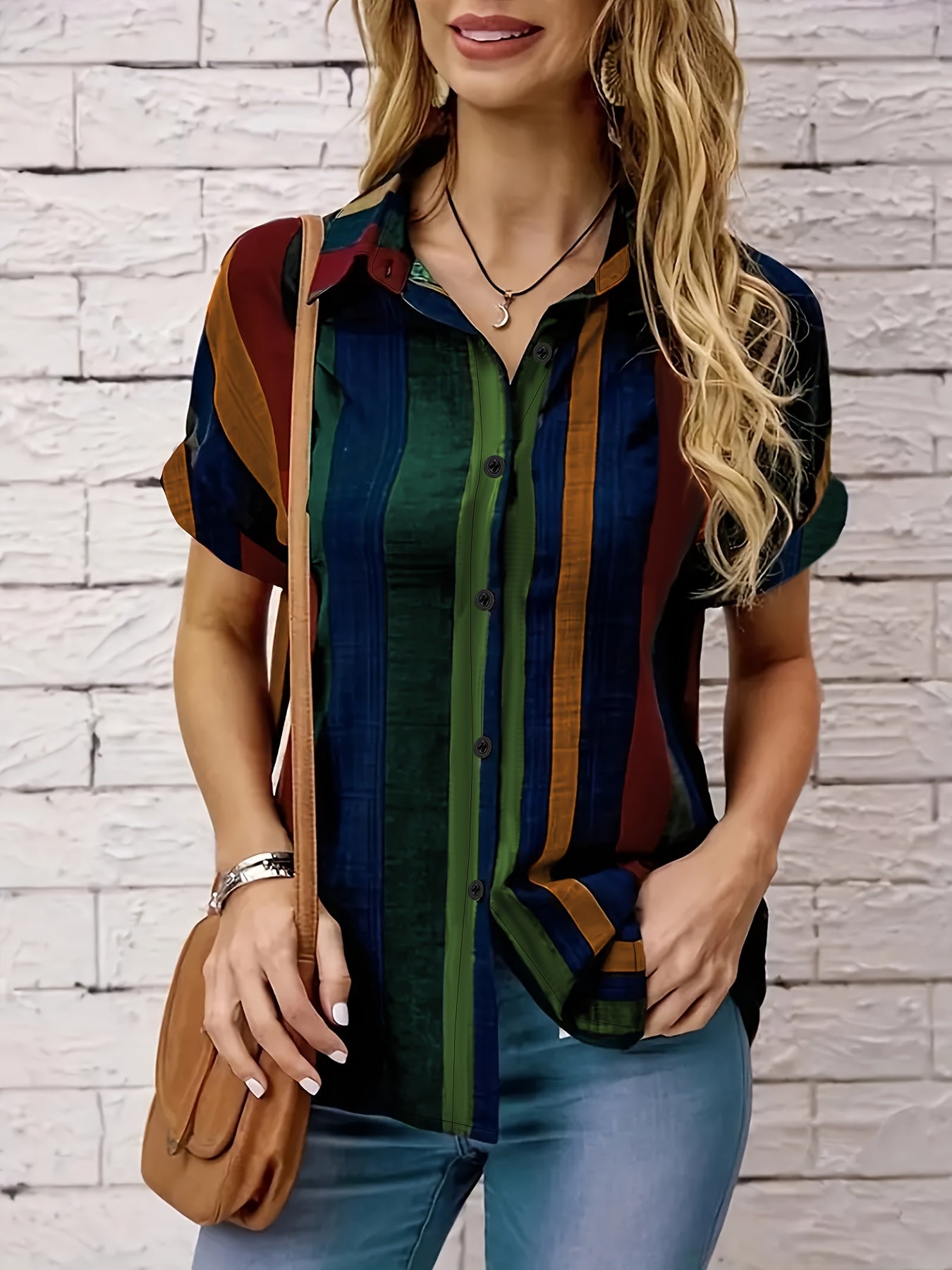 Striped Print Button Front Blouse, Vintage Short Sleeve Blouse For Spring & Summer, Women's Clothing