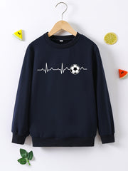 Curvy Line & Soccer Ball Graphic Print, Boys Stylish & Trendy Long Sleeve Sweatshirt For Fall & Winter, Boys Streetwear Clothing