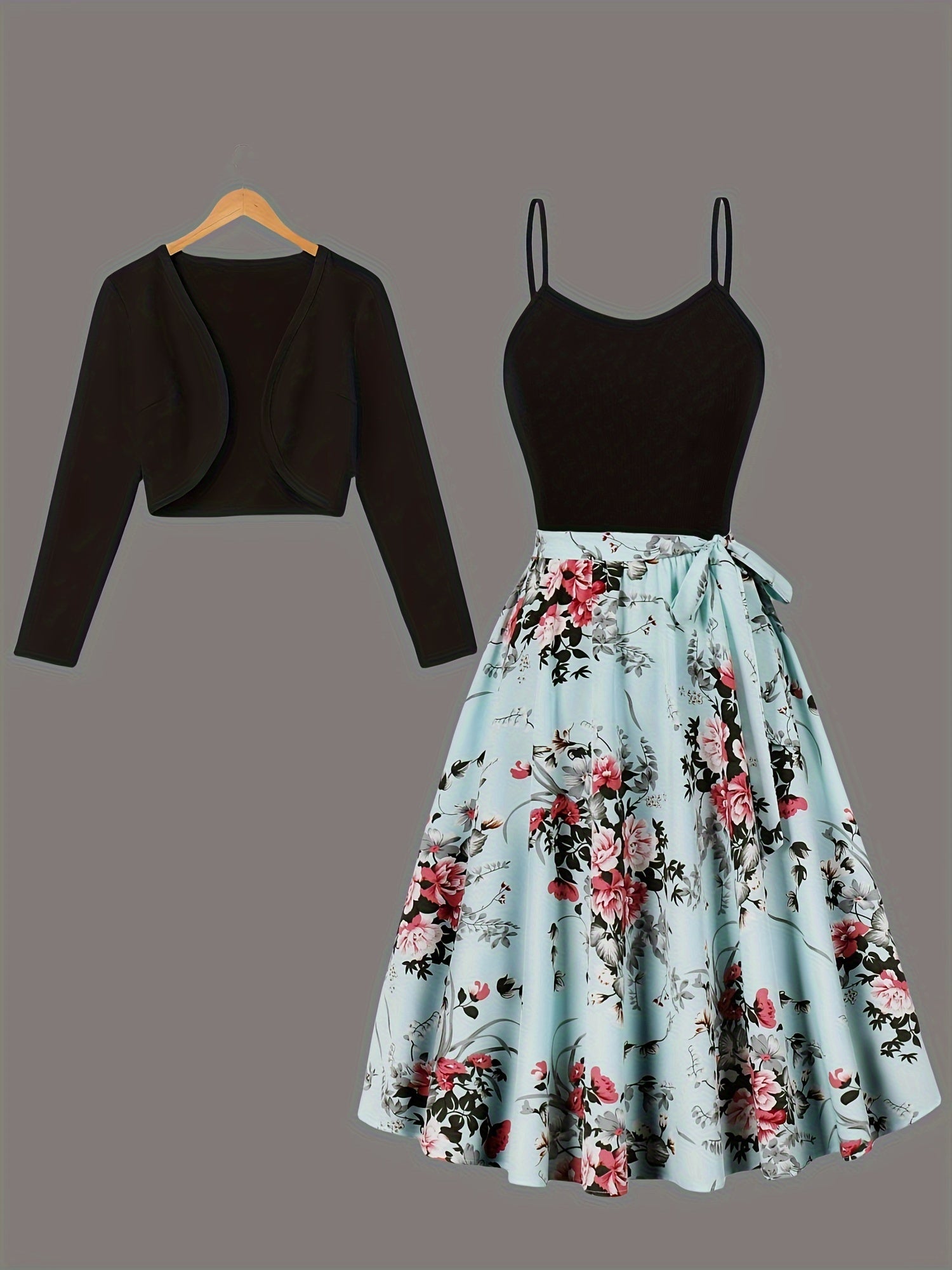 Leaf Print Pleated Elegant Set, Open Front Long Sleeve Cardigan & Backless Sleeveless Belted Cami Dress, Women's Clothing