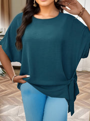 Plus Size Casual Crew Neck Short Sleeve Lace Up Top - Soft Slight Stretch Polyester Fabric, Solid Color, No Printing, Knit Fabric, Perfect for All Seasons