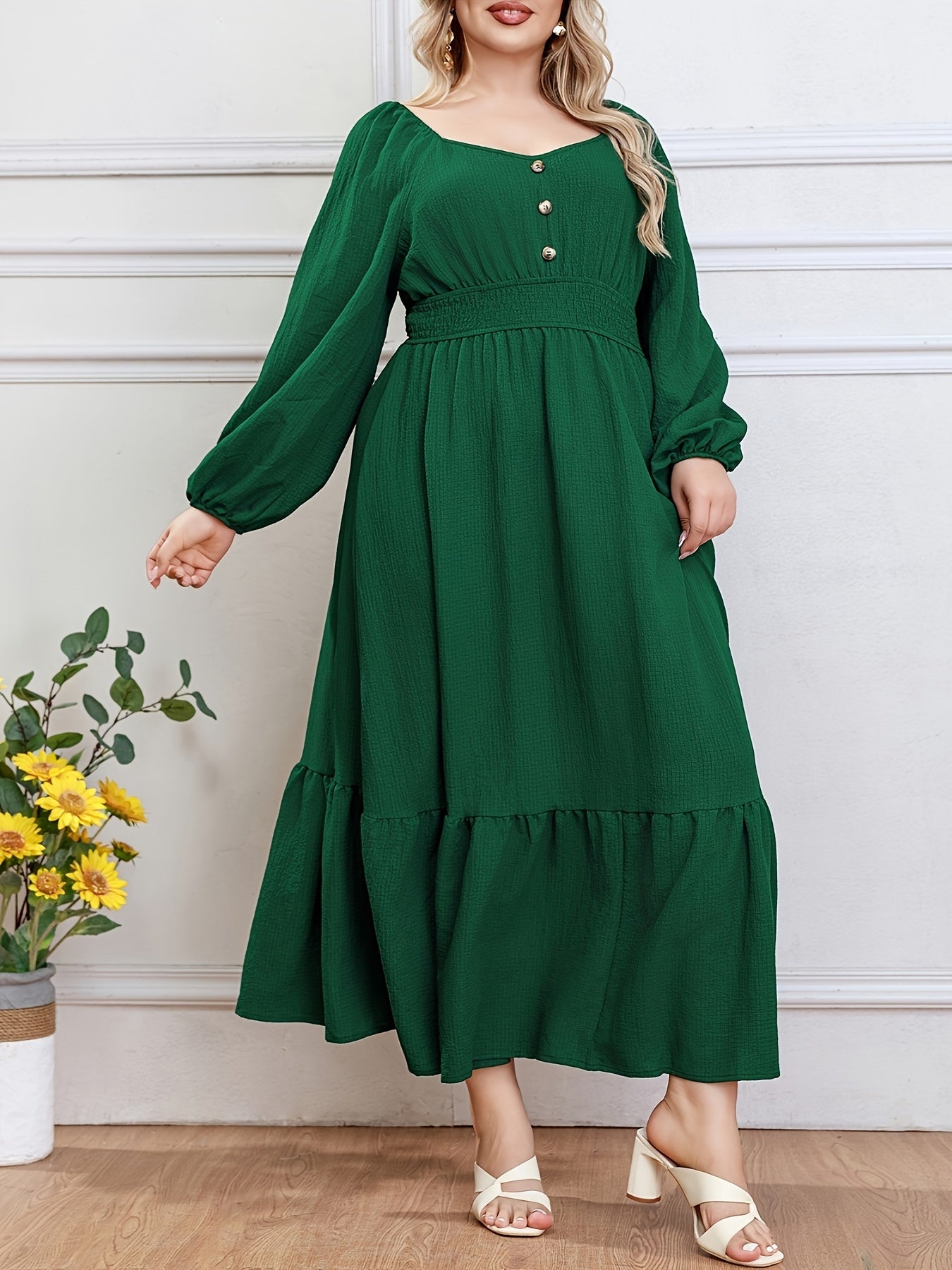 Plus Size Solid Button Front Dress, Casual Crew Neck Long Sleeve Ruffle Hem Dress, Women's Plus Size Clothing