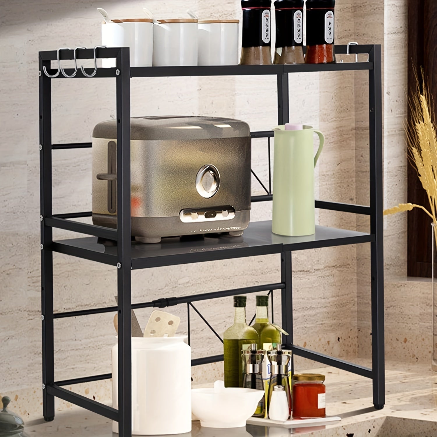 3 Tiers Expandable Microwave Oven Rack with 6 Hooks, Microwave Shelf Stand for Kitchen, Carbon Steel Kitchen Shelf Countertop Storage Organiser for Pots Pans Rice Cooker Black