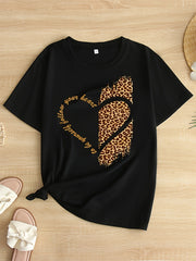 Plus Size Leopard Heart & Letter Print T-Shirt - Flattering Fit for Curvy Women, Relaxed Casual Short Sleeve Top Perfect for Warm Spring & Summer Days - Womens Seasonal Plus Size Clothing Designed to Flatter and Comfort