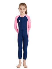 Girl's Zip Up One-piece Swimsuit, Color Clash Long Sleeve Surfing Suit, Kid's Swimwear For Summer Beach Vacation