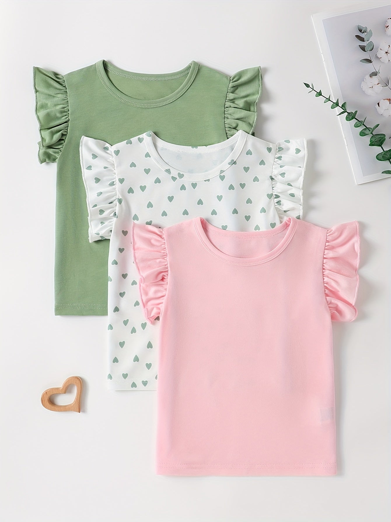 3pcs Girls Adorable Heart Graphic Solid Color Ruffle Trim T-shirt Set - Perfect for Summer Parties & Valentines Day Gifts