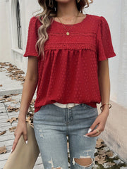 Lace Splicing Crew Neck Blouse, Casual Short Sleeve Top For Spring & Summer, Women's Clothing