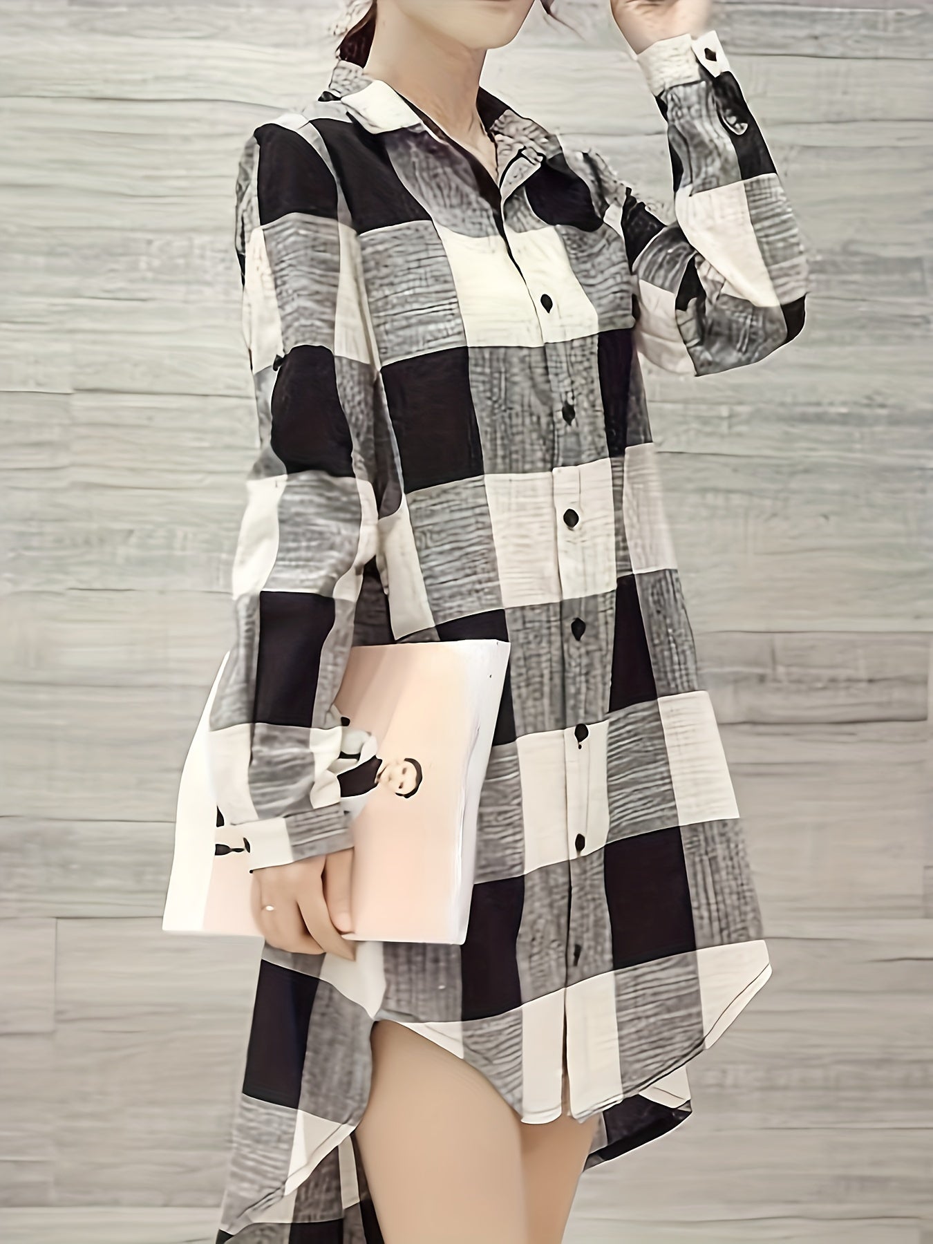 Plaid Print Button Front Shirt, Casual Long Sleeve Long Length Blouse For Spring & Fall, Women's Clothing