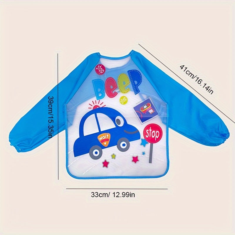 Blue Vehicle-Themed Bib For Toddlers, Stain-Resistant Polyester Feeding Smock, 0-6 Years