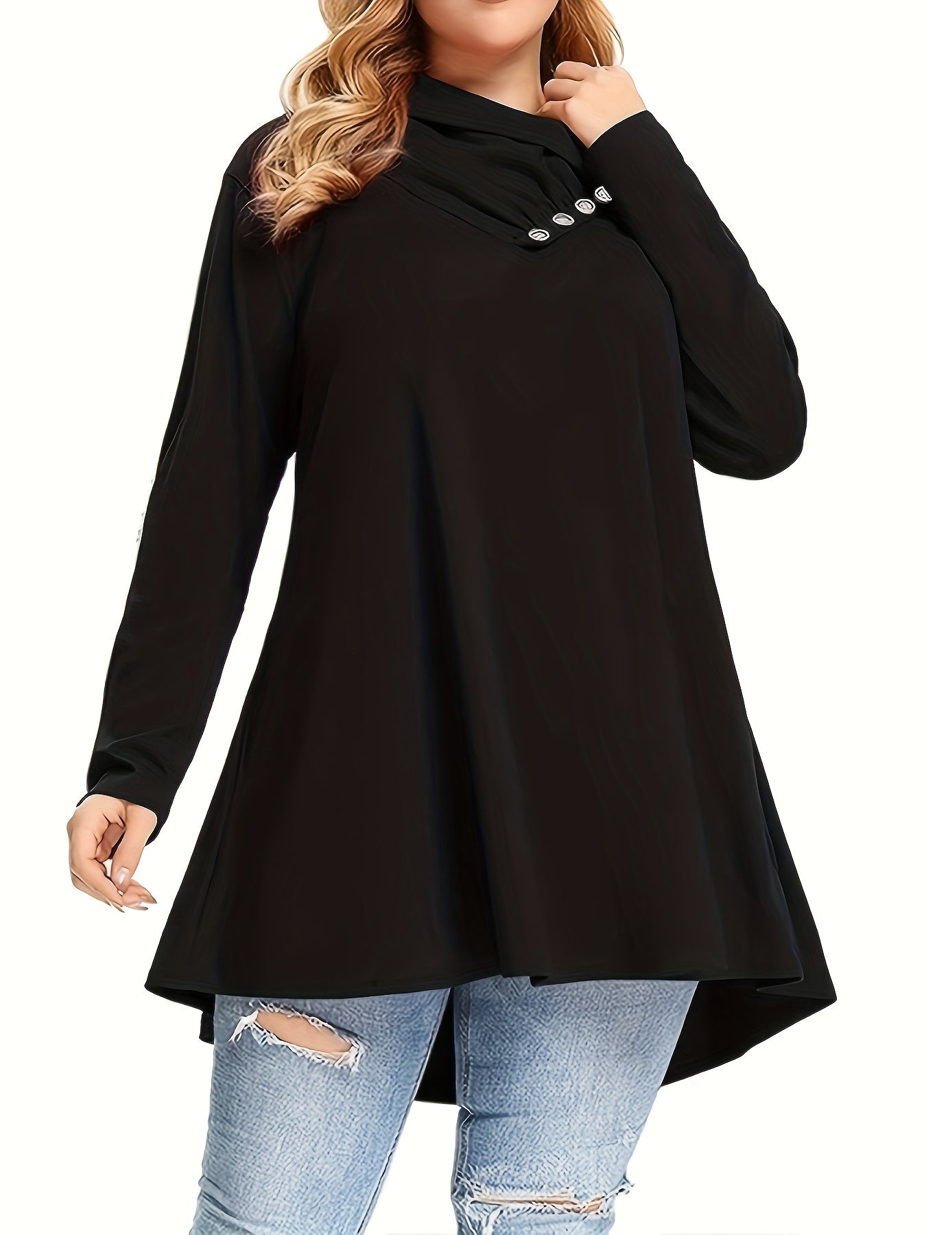 Plus Size Button Decor T-Shirt, Casual Criss Cross Neck Long Sleeve Top For Spring & Fall, Women's Plus Size Clothing