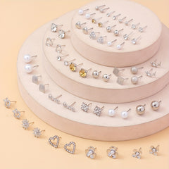 30 Pairs Rhinestones Heart Alloy Faux Pearl Gorgeous Crystal Stud Earrings Set For Women