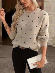 Polka Dot Knit Sweater - Relaxed Fit Casual Long Sleeve Crew Neck Sweater for Women, Perfect for Everyday Wear, Womens Clothing