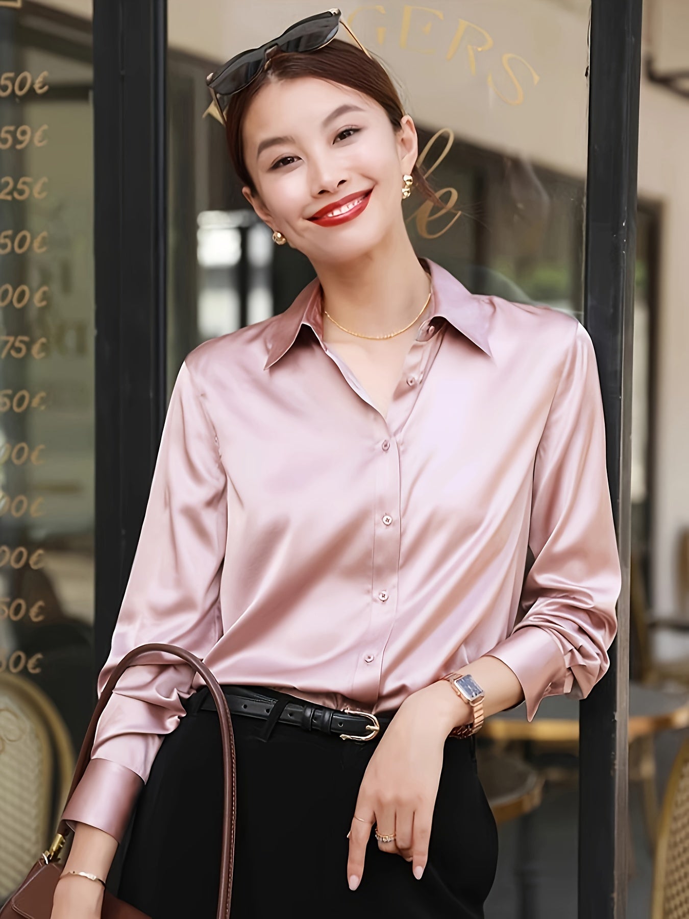 Satin Button Front Shirt, Elegant Long Sleeve Lapel Shirt For Spring & Fall, Women's Clothing