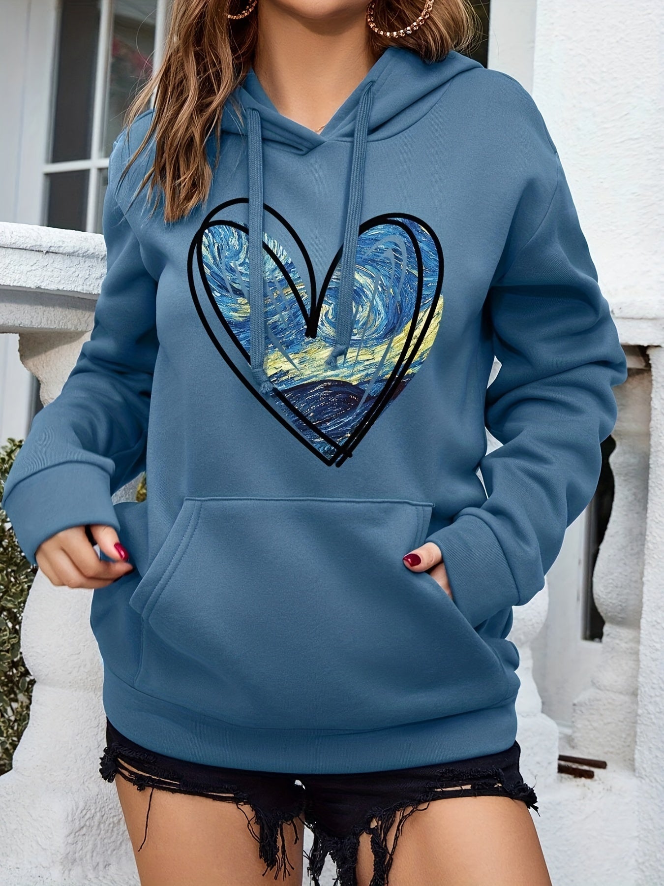 Heart Print Kangaroo Pocket Hoodie, Casual Long Sleeve Drawstring Hoodie Sweatshirt, Women's Clothing