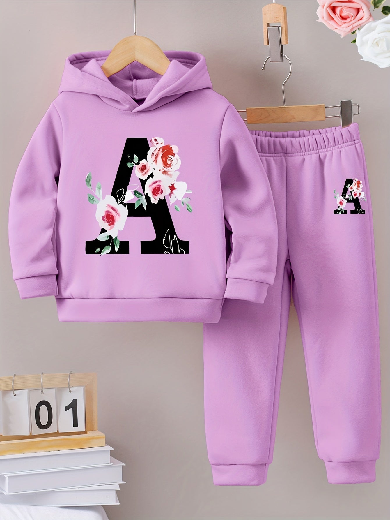 Girls' Casual Polyester Tracksuit with Floral Cat Print Hoodie and Joggers Set, Cozy Fleece-Lined Sweatshirt and Pants Outfit for Fall/Winter - Slight Stretch, Knit Fabric, Ages 12 & Under