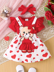 Baby's Cute Bear Patchwork 2pcs Summer Outfit, Ruffled Bodysuit & Suspender Overall Dress Set, Toddler & Infant Girl's Clothes For Daily Wear/Holiday/Party