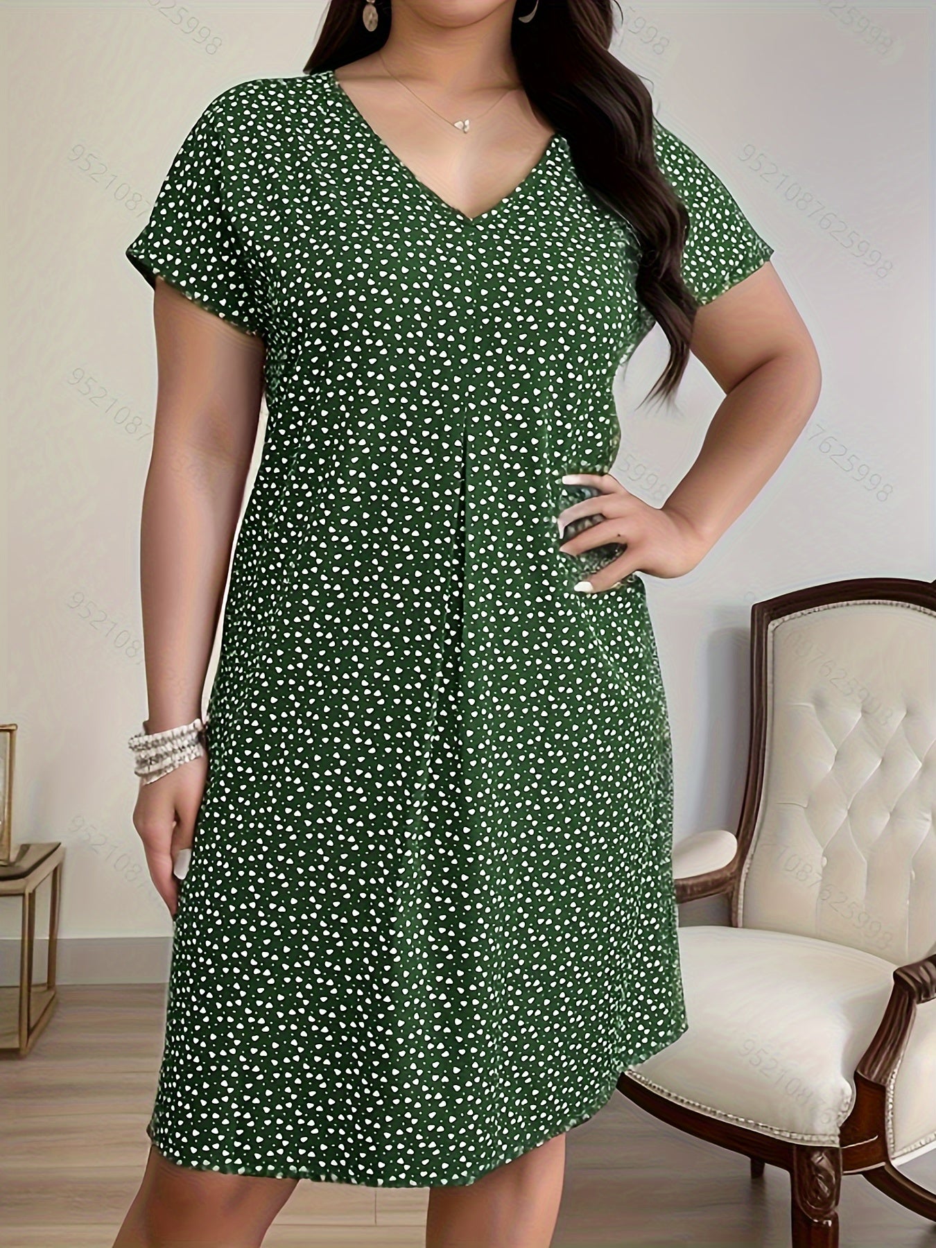 Plus Size All Over Print Dress, Elegant V Neck Short Sleeve Dress, Women's Plus Size Clothing