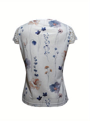 Floral Print Contrast Lace T-shirt, Vacation Button Notched Neck Short Sleeve Top For Spring & Summer, Women's Clothing