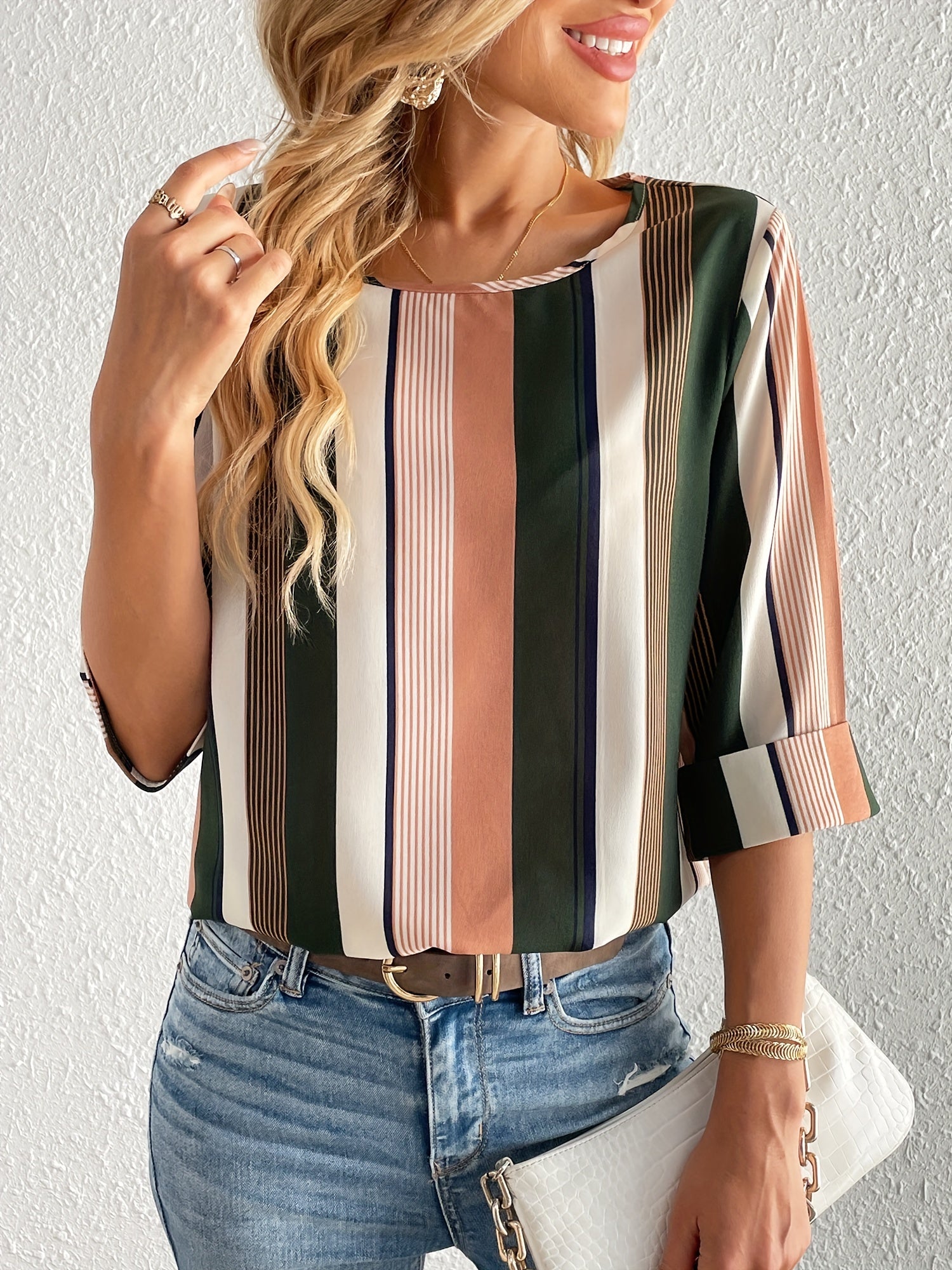 Striped Print 3/4 Sleeve Blouse, Casual Crew Neck Versatile Blouse, Women's Clothing