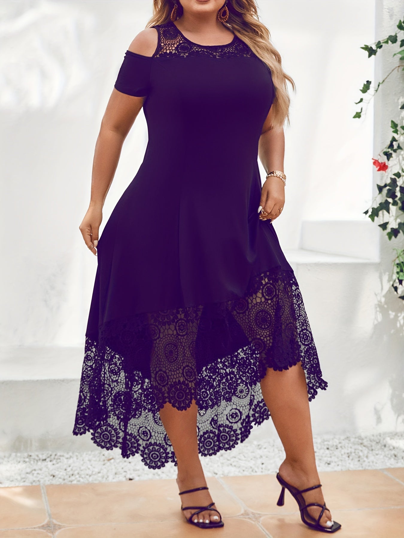 Chic Plus Size Womens Casual Dress - Fashionable Solid Color with Contrast Lace Trim, Cold Shoulder Design, Asymmetrical Hem, Medium Stretch for Flattering Comfort