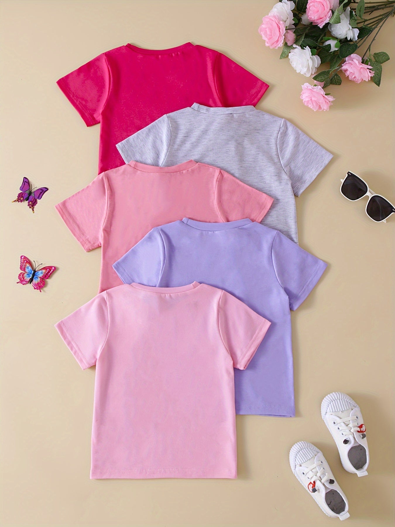 5-Piece Girls’ Vibrant Solid Color T-shirt Set - Comfortable Cotton Blend, Perfect for Summer & Outdoor Playtime