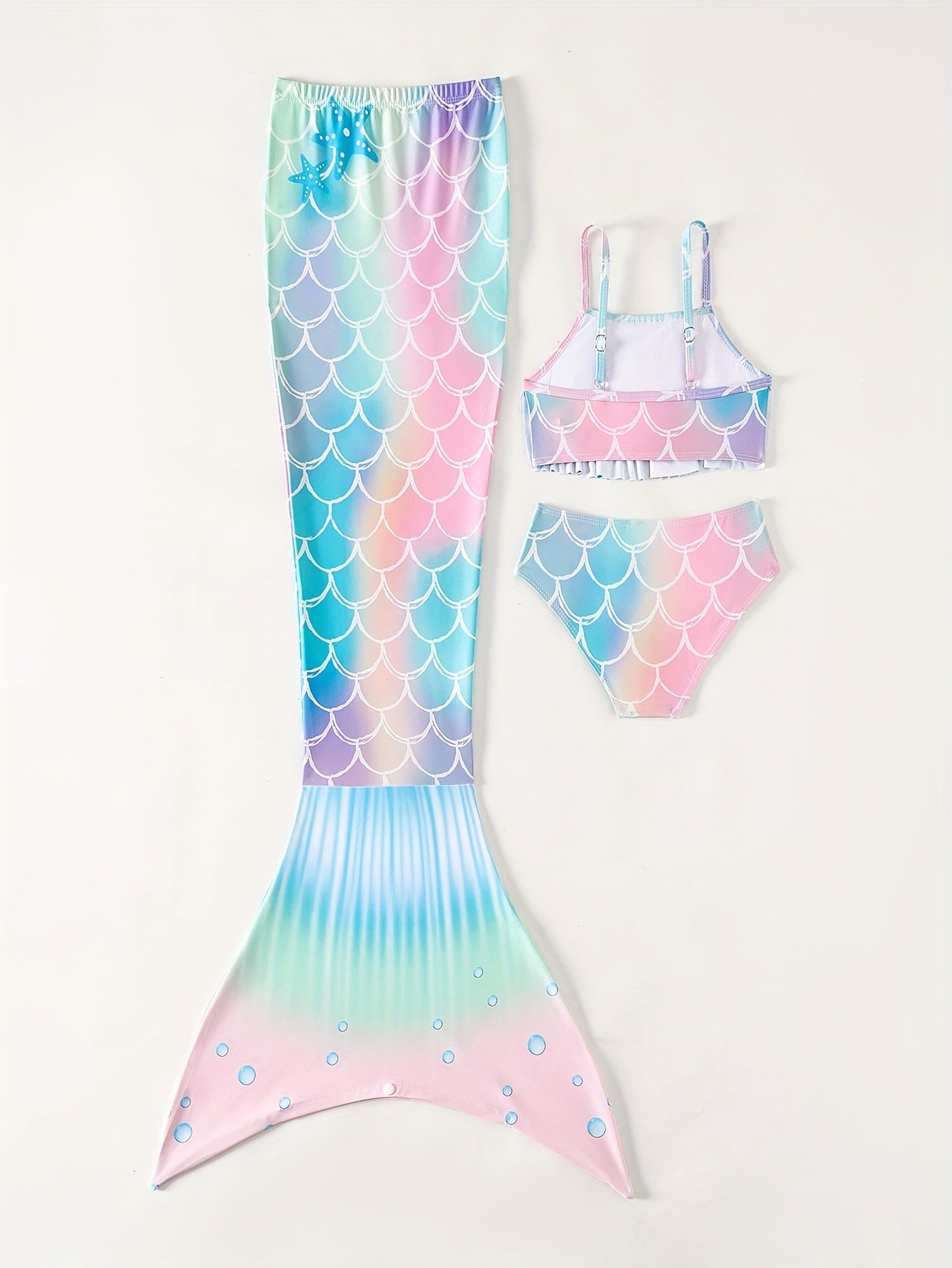 3pc Mermaid Swimsuit Set for Girls - Shimmering Scale Pattern, Includes Tail & Bikini - Perfect for Pool Parties, Cosplay & Beach Fun