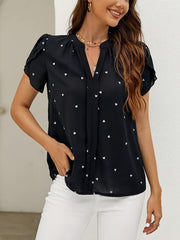 Dot Print Petal Sleeve Blouse, Elegant V-neck Short Sleeve Blouse, Women's Clothing