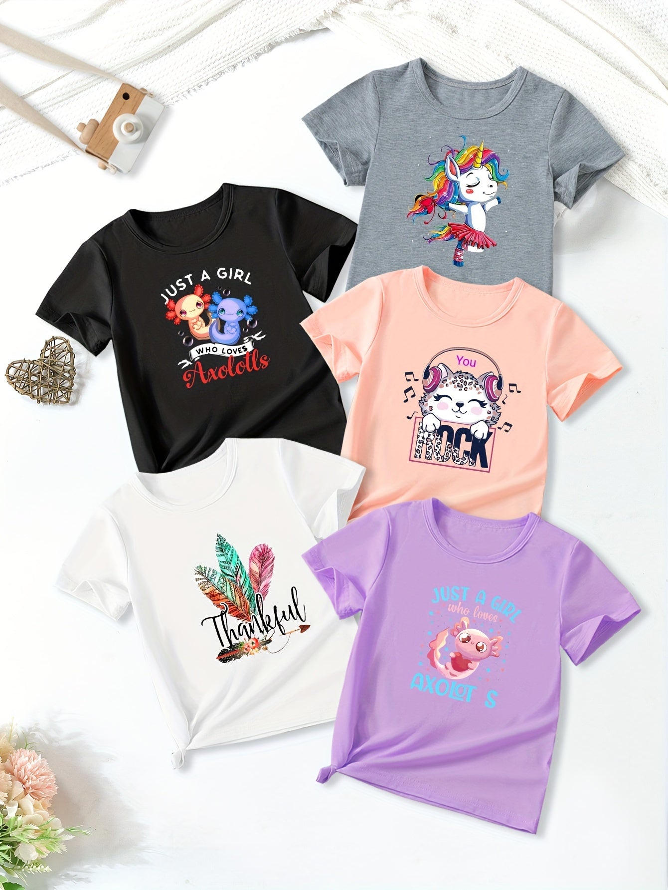 5pcs/set Girls Ultra-Soft Graphic Tees with Unicorn/Cat/Axolotl Prints - Casual & Comfy Crew Neck Short Sleeve Shirts for Spring & Summer Outdoor Adventures - Adorable Girls Clothing