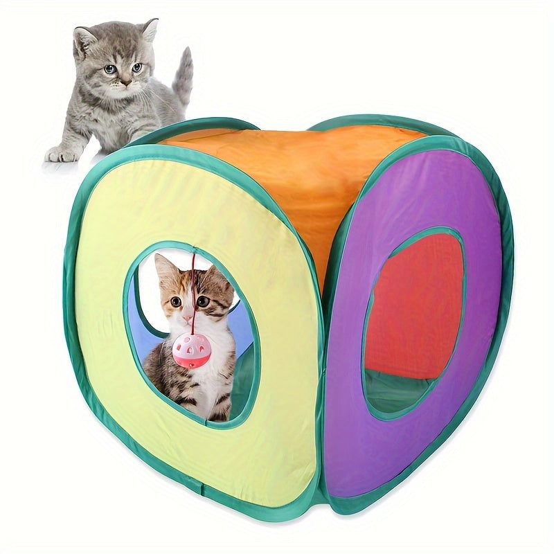 "Vibrant" Rainbow Square Cat Tunnel - Collapsible Play Tube With Hanging Ball For Indoor Cats, Durable Polyester