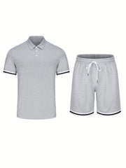 2pcs Mens Summer Fashion Short Sleeve Lapel Golf T-Shirt and Shorts Set - Breathable, Slight Stretch, Regular Fit, Solid Color, Drawstring Waist - Perfect for Tennis, Golf, Commercial Entertainment and Casual Occasions