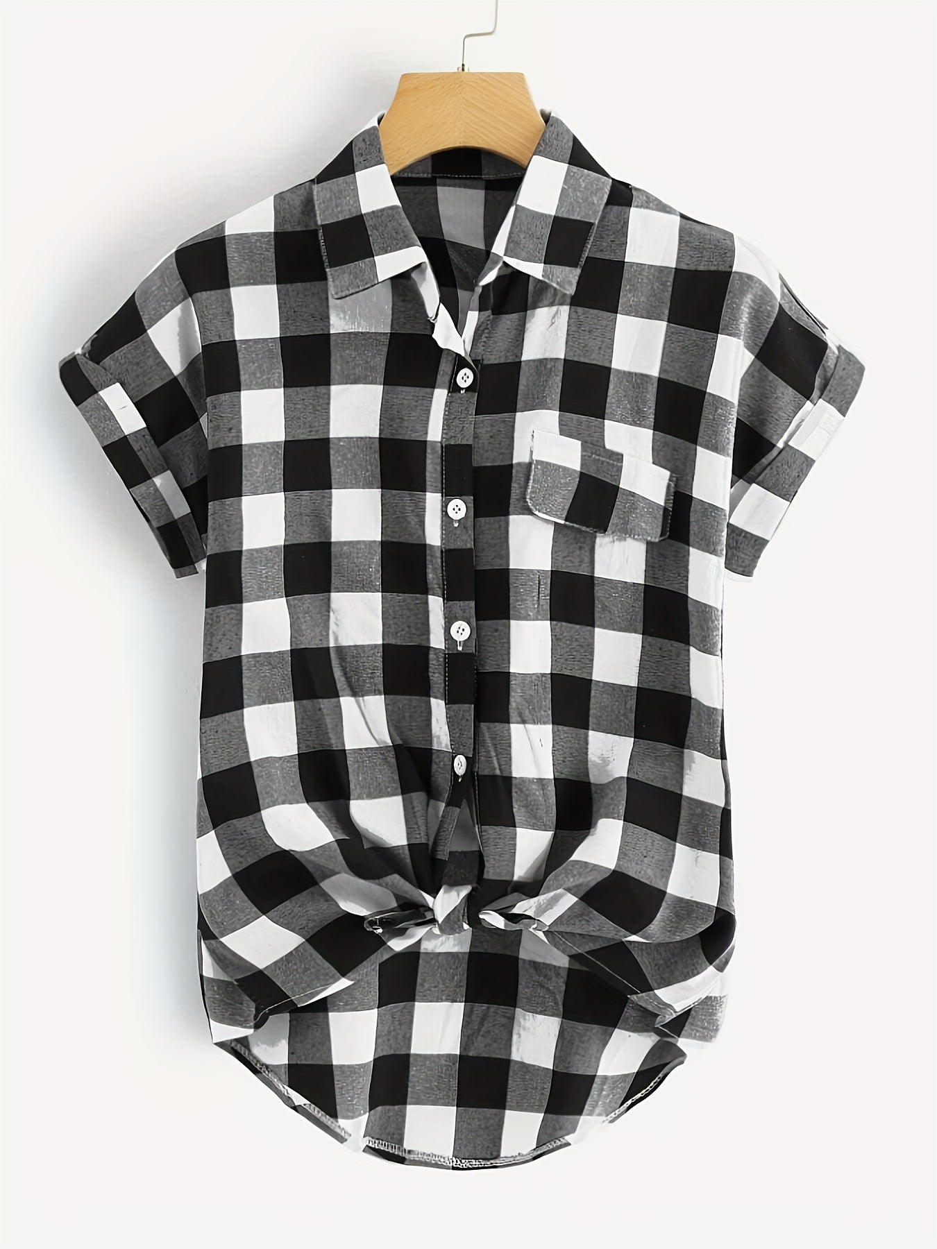 Plaid Print Single-breasted Blouse, Casual Collared Knot Front Short Sleeve Blouse For Spring & Summer, Women's Clothing