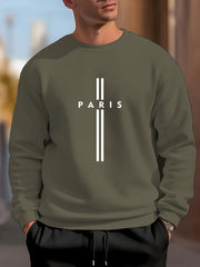 PARIS Letter Print Men's Crew Neck Long Sleeve Sweatshirt, Trendy Pullover Sweatshirt, Casual Comfy Versatile Top For Spring & Autumn, Outdoor Sports