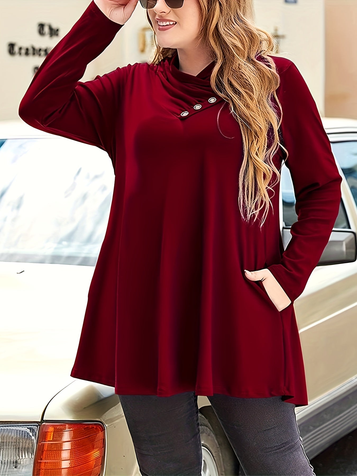 Plus Size Button Decor T-Shirt, Casual Criss Cross Neck Long Sleeve Top For Spring & Fall, Women's Plus Size Clothing