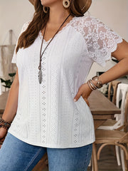 Plus Size Solid Eyelet Cutout Lace Stitching T-shirt, Elegant Short Sleeve V Neck Top For Spring & Summer, Women's Plus Size Clothing