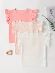 3pcs Girls Adorable Heart Graphic Solid Color Ruffle Trim T-shirt Set - Perfect for Summer Parties & Valentines Day Gifts