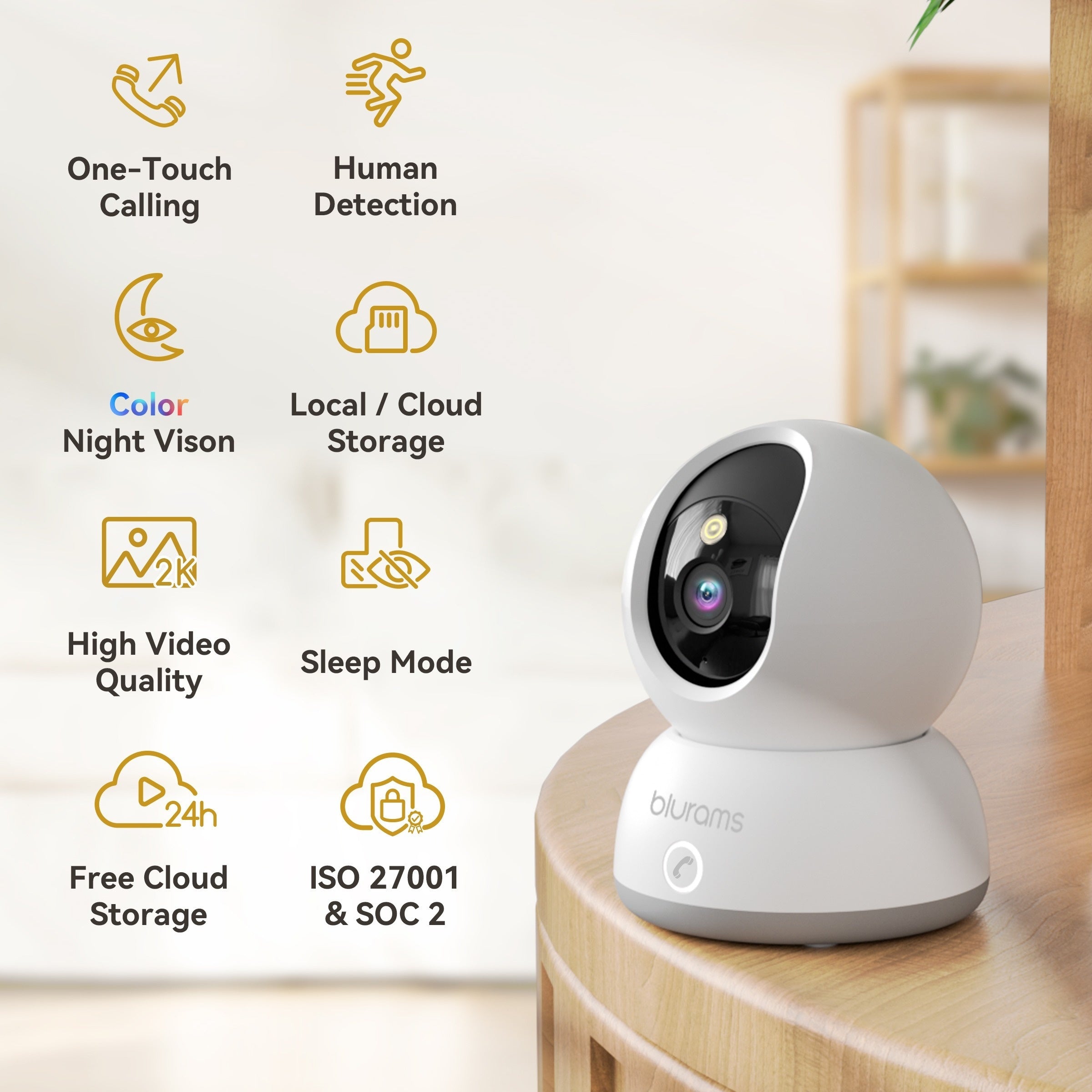 Blurams 2K Indoor Security Camera with One-Touch Call, Home Security Camera for Dog/Baby Monitor/Elder, 2.4GHz Wi-Fi Security Camera, Color Night Vision, Motion Tracking & Detection, Cloud & SD Card Storage