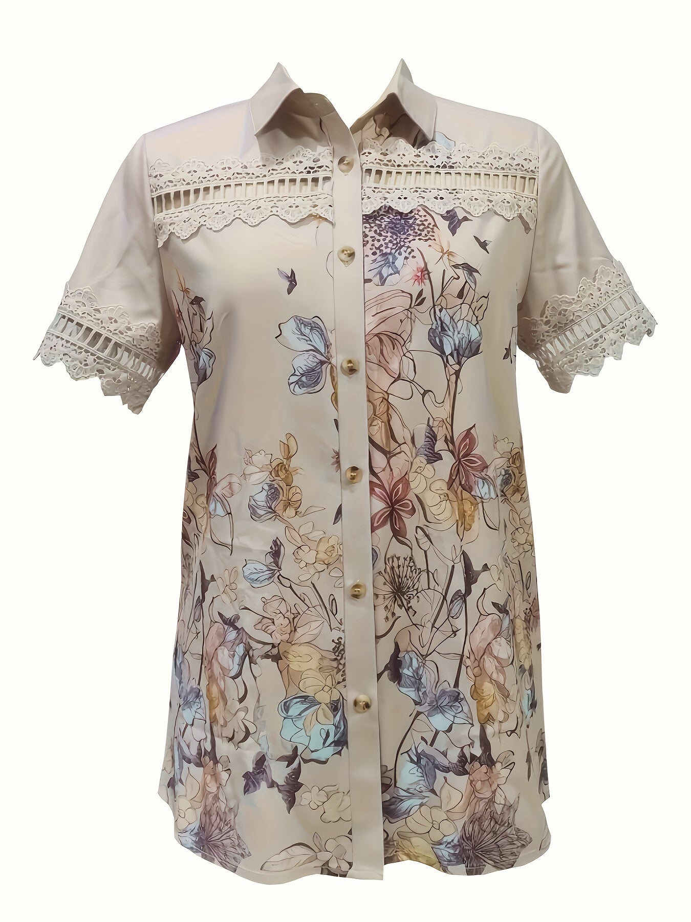 Floral Print Button Front Shirt, Casual Cut Out Short Sleeve Shirt For Spring & Summer, Women's Clothing