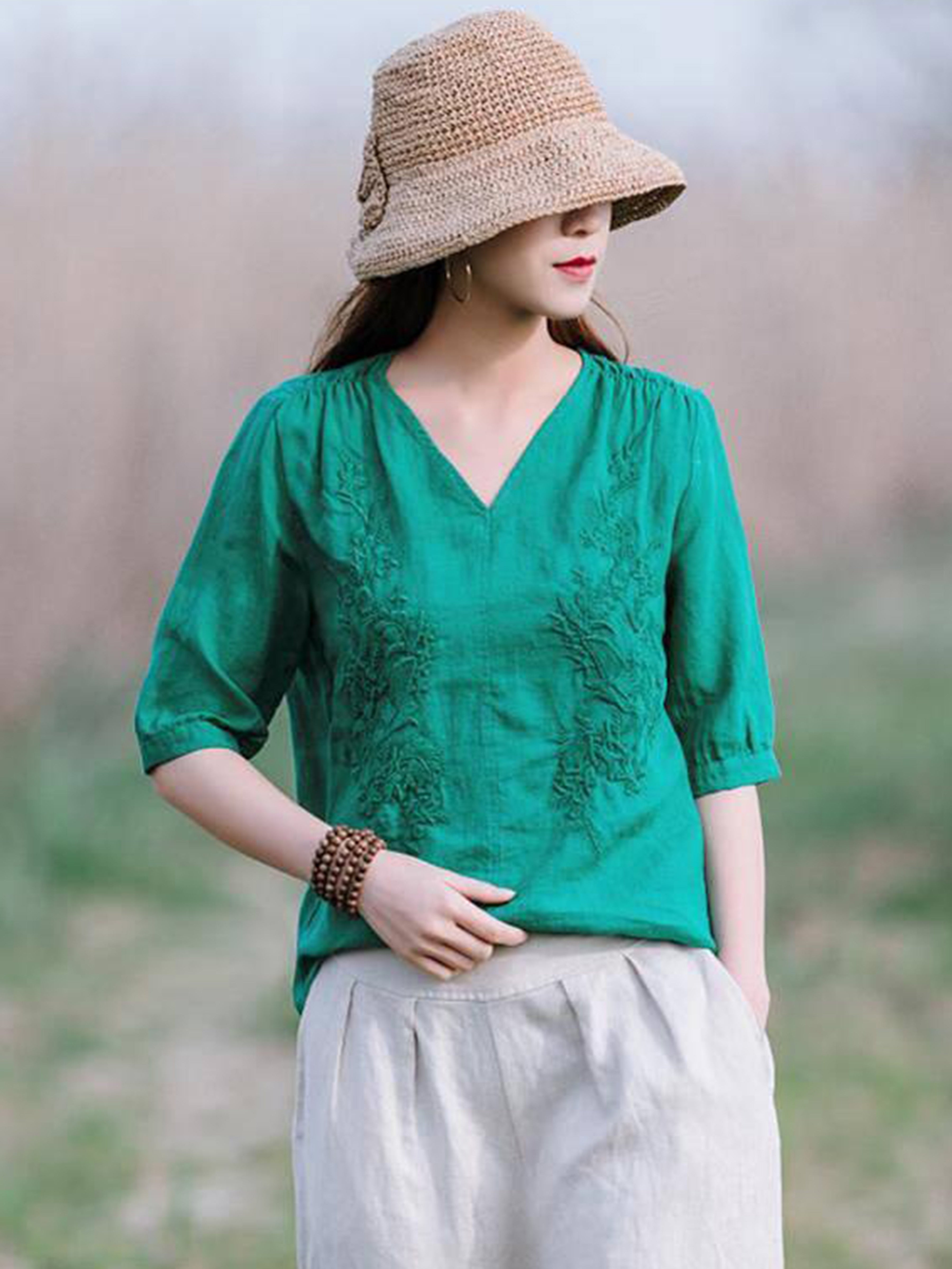 Embroidered Solid Blouse, Elegant V Neck Half Sleeve Blouse, Women's Clothing