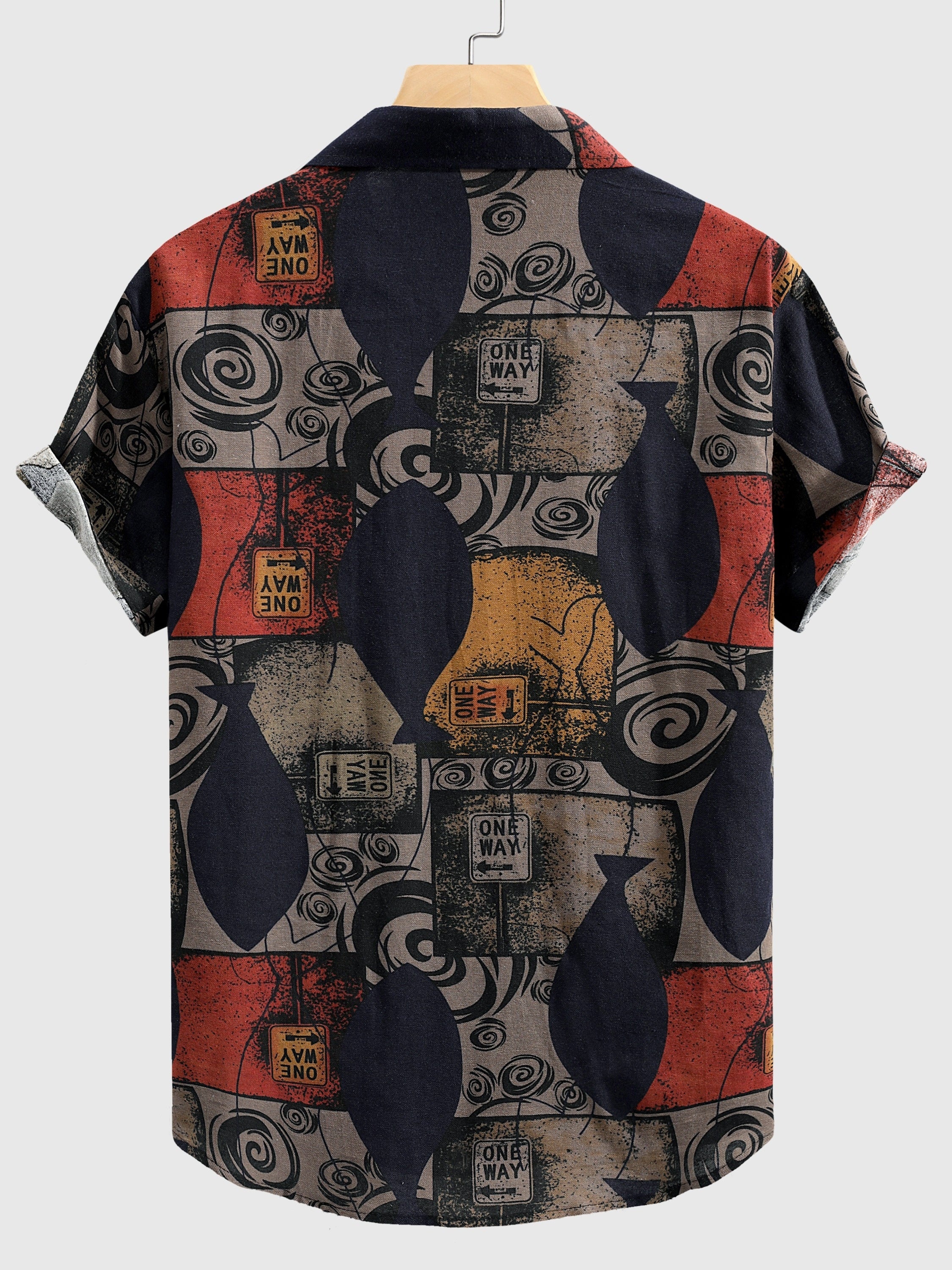 Mens Fashionable Geometric Print Cotton Blend Shirt - Stylish Loose Fit, Breathable & Quick-Dry - Ideal for Summer Outdoor Adventures with Short Sleeve, Button Up, and Lapel Collar