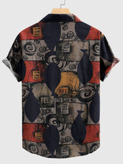 Mens Fashionable Geometric Print Cotton Blend Shirt - Stylish Loose Fit, Breathable & Quick-Dry - Ideal for Summer Outdoor Adventures with Short Sleeve, Button Up, and Lapel Collar