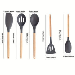 5pcs/set, Silicone Utensil Set, Kitchen Utensil Set, Safety Cooking Utensils Set, Non-Stick Cooking Utensils Set With Wooden Handle, Washable Modern Cookware, Kitchen Stuff, Kitchen Gadgets, Kitchen Essentials