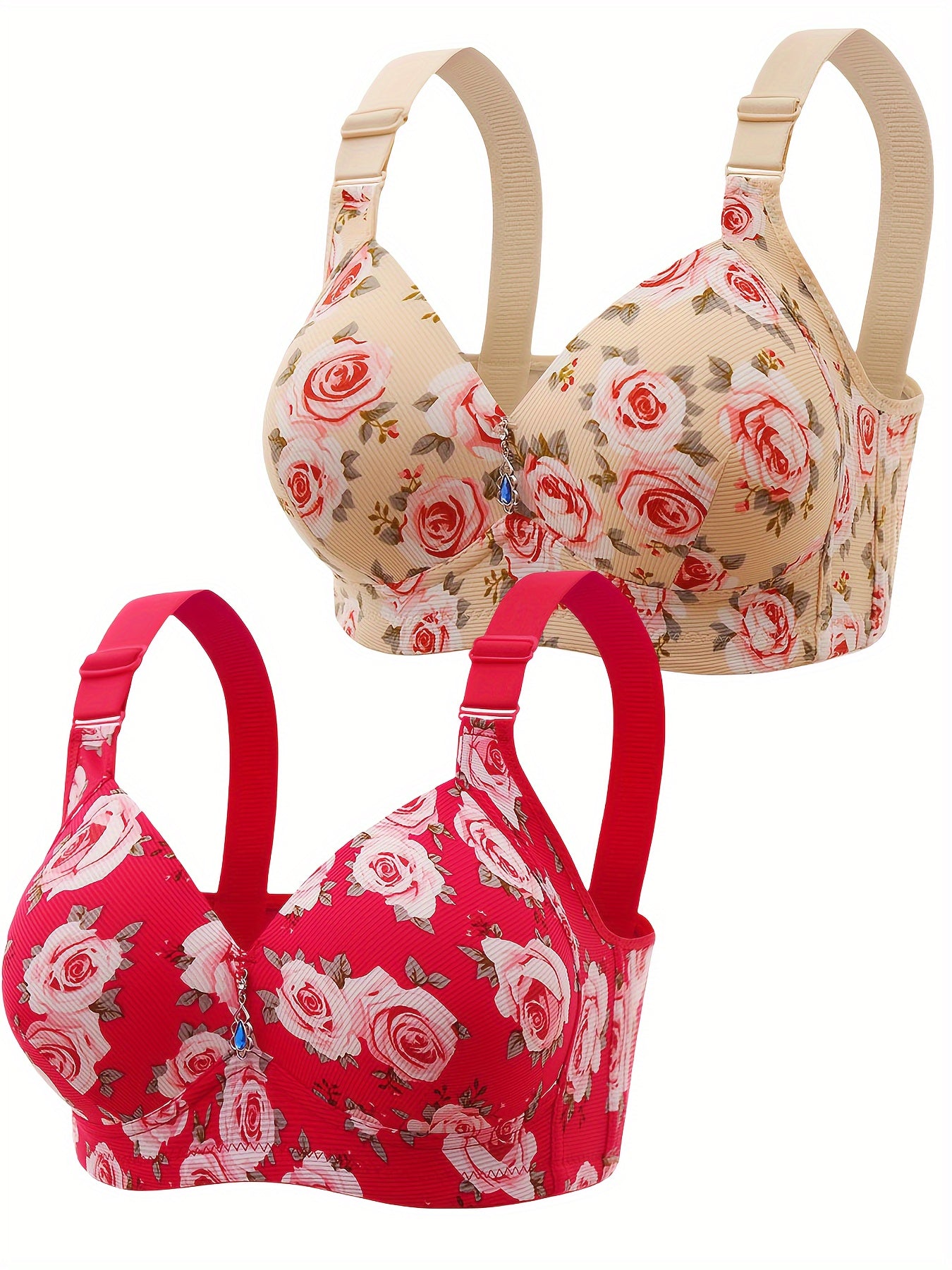 2pcs Plus Size Floral Print Wireless Bra, Elegant & Comfy Anti Sagging Push Up Breathable Bras, Women's Lingerie & Underwear