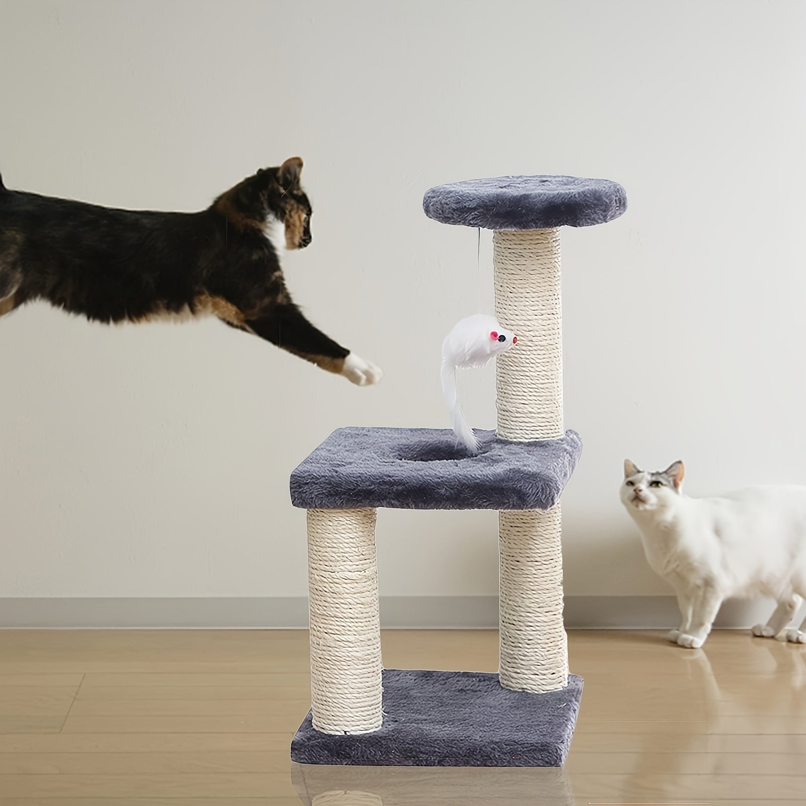 Deluxe Cat Tree With Sisal Scratching Post, Solid Pattern, Interactive Toys For Indoor Cats, Easy-To-Install Play Tower, Triple Jump Platform, Includes Mouse Pendant - Perfect For All Cat Breeds - Kerala Elegance