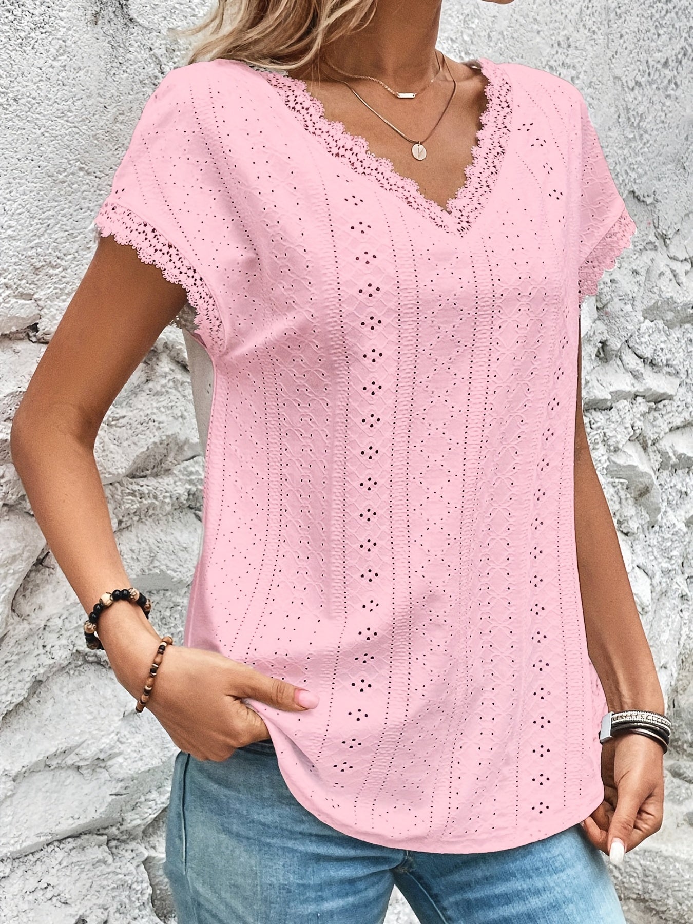 Lace Trim Eyelet Blouse, V Neck Loose Casual Top For Spring & Summer, Women's Clothing