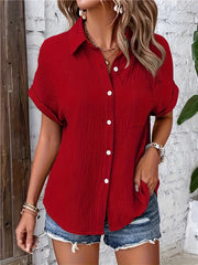 Button Up Loose Solid Blouse, Casual Short Sleeve Blouse For Spring & Summer, Women's Clothing